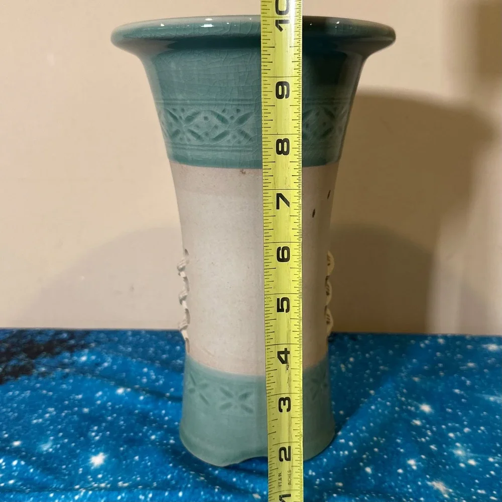 Vintage Korean Celadon Orchid Pot Crackle Glaze Hand Painted Ceramic Vase 10in